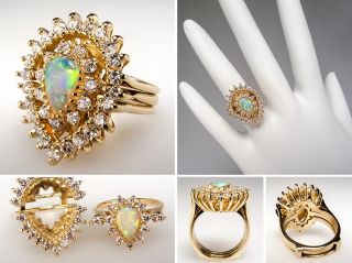 Vintage Opal Engagement Ring Bridal Wedding Set Solid 14k Gold Estate