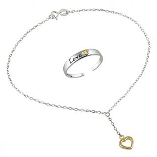 Two Tone Sterling Silver Heart 10 Anklet with Love Toe Ring