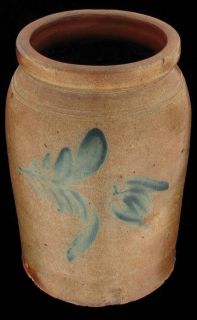 Antique Salt Glazed Stoneware Pottery Blue Flower Tulip Crock Richard
