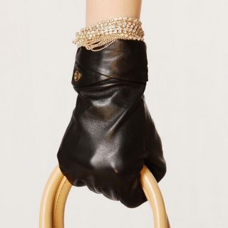 Black M Elma Womens Genuine Lambskin Leather Gloves Suede Cuff Silk