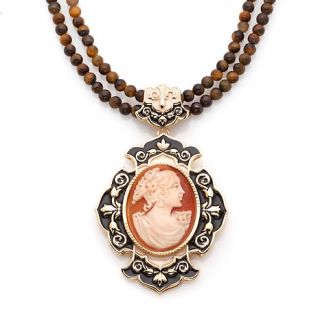 Barocco Black Enamel Frame Cameo Pendant with Beaded Necklace