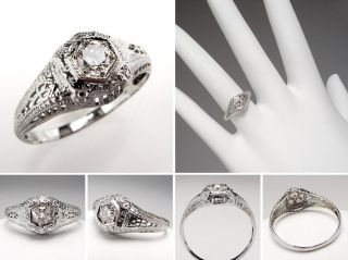 Vintage Diamond Engagement Ring Filigree Solid 18K White Gold 1950s
