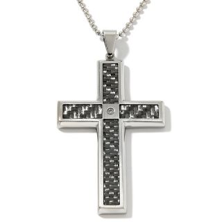 Mens Diamond Accented Stainless Steel Carbon Fiber Cross Pendant with