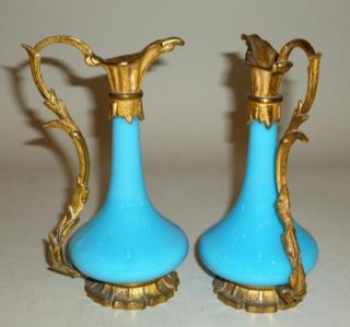 Pair Antique Nineteenth Century French Blue Opaline Urns w Ormolu