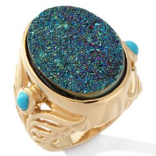 Jewelry Rings Gemstone Peacock Drusy and Turquoise Vermeil Oval