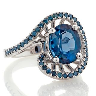 London Blue Topaz and Blue Diamond Silver Ring   3.7ct at