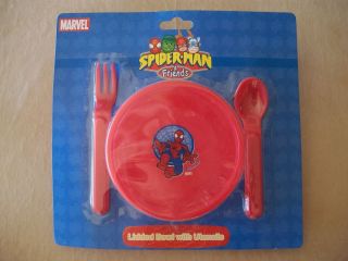 Red Marvel Spider Man Friends Lidded Bowl With Utensils BRAND NEW IN
