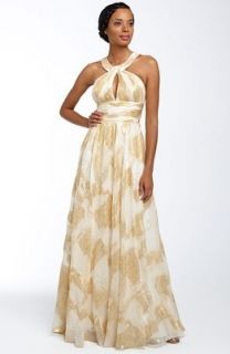 Aidan Mattox Gold Foil Print Long Eve Gown Dress 10 New