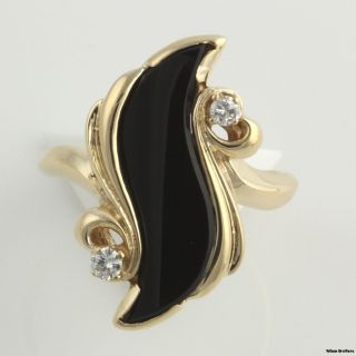 Genuine Onyx & Diamond Swirl Cocktail Ring   10k Yellow Gold Womens 4