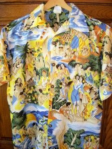  Hawaiian Shirt Aloha Eugene Savage Lurline Matson Menu Print Shirt M