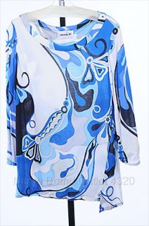 Emilio Pucci 10 M Boatneck Printed Top 3 4 Slv Blue Shirt Designer
