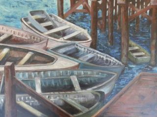 Original Feinberg Signed Seascape Oil Painting Harbor Dock w Boats