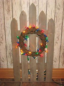 Primitive Picket Fence Gate with Grapevine Wreath Christmas Lights