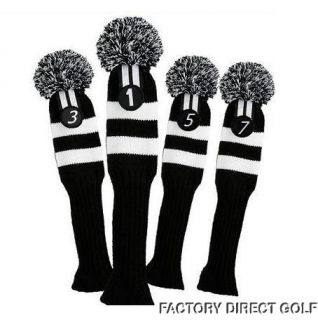 Vintage Pom Pom Head Covers Knit Sock Black Longneck Golf Club Retro 1