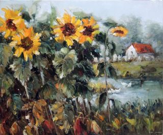 Country Farm Home Sunflowers Chickens Rural Landscape 24x36 Oil
