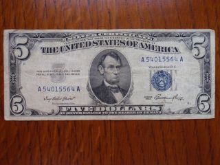 US Currency 1953 $5 00 Silver Certificate Old Paper Money Blue Seal