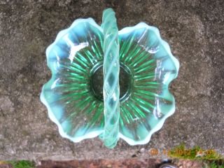 Large Fenton Green Opalescent Art Glass Basket Vase 8 1 2