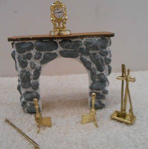 Dollhouse Stone Fireplace with Andirons Equipment Mantle Clock