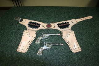   Vintage Mattel Shooting Sell Flanner Cap Guns with Decorated Holster