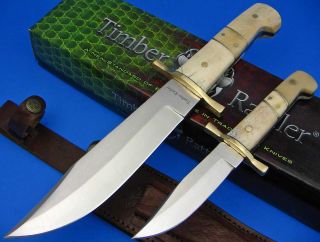Fixed Blade 2 Piece Smooth Bone Handle Bowie Knife Combo Set w Leather