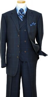 EXTREMA NAVY PLAID W/ SKY BLUE WINDOWPANES 140S WOOL VESTED SUIT