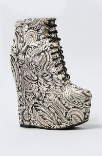 Jeffrey Campbell Shoe Embroidered Floral in Black and Gold Floral