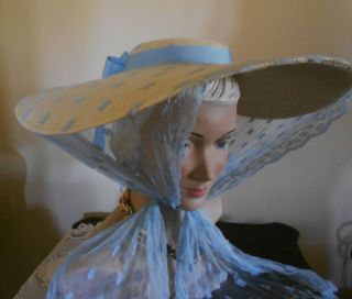Civil War Hat Victorian Dress Straw Bonnet Wide Brim Blue Net Lace Bow