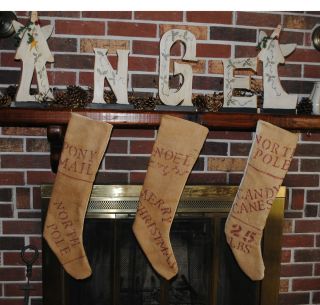 grain sack stockings, fireplace, Christmas, mantle, Santa, North pole