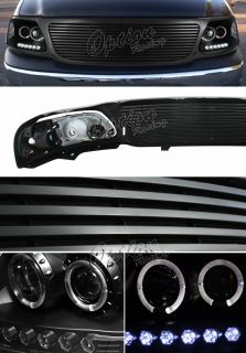 99 02 Ford Expedition LED Halo Projector Headlights Billet Style Front