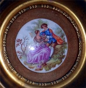 Vtg Ceramic Cameo Fragonard Lady Gentleman in Round Gold Metal Frame