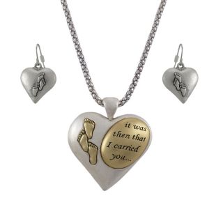 Two Tone `Footprints in The Sand` Heart Necklace and Dangle Earrings