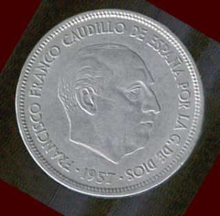 1957 Spain   25 Ptas Coin   Francisco Franco Gaudillo de Espana