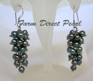  Black Cultured Freshwater Pearl Dangle Earrings Silver Cluster