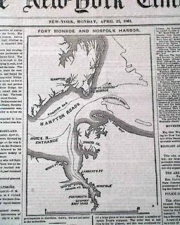  MAP Near Beginning FORTRESS MONROE Norfolk & Hampton VA 1861 Newspaper