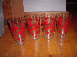 SET OF 4 VINTAGE 1950s   1960s CLEAR RED POLKA DOT DRINKING GLASSES