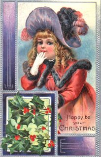 Frances Brundage Sweet Christmas Girl Purple Hat Art Deco Border Litho