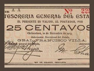 25 Centavos Mexico Revolution 1913 Pancho Villa VF