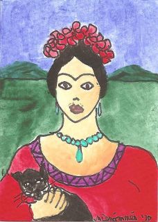  Fridas 15 Frida with Black Cat Original ACEO EBSQ Frida Kahlo