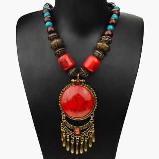 Gallant Bohemia Retro Copper Wood Lucite Chunky Red Gem Necklace