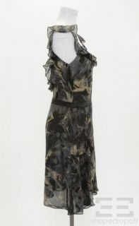 Galliano Sheer Blue Black & Tan Silk Print Ruffle Dress Size 30/44