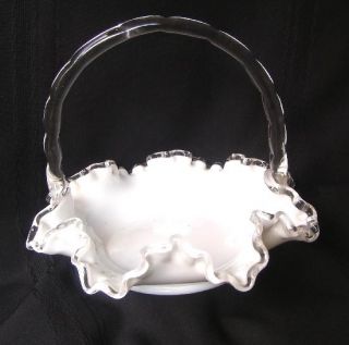  Fenton Milk Glass Ruffled Silver Crest Basket