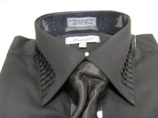 New Fratello Fashion Dress Shirt w Tie and Hanky Pleated Black Size 16