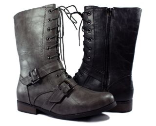 Military Combat Boot w Laces Buckles Full Side Zipper Grey or Black by