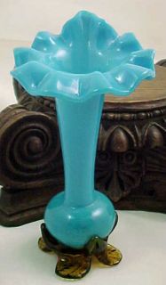 Antique French Blue Opaline Jack Pulpit JIP Art Glass Vase w Applied