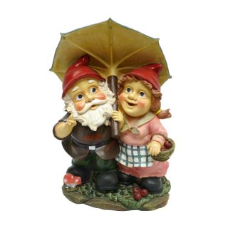 Cute Red Gnome Couple Under Umbrella Sculpture Garden Lawn Statue