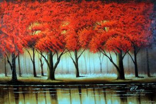 Oil Painting Abstract Red Tree Forest Lake Modern Art Wall Decor 24x36