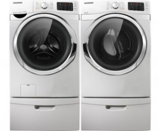  Steam Washer and Steam Gas Dryer Laundry Set with Pedestals
