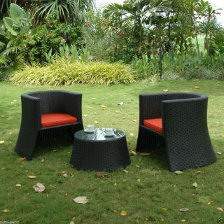 Outdoor Patio Furniture 3 Piece Dark Wicker Seating Set with Cushions