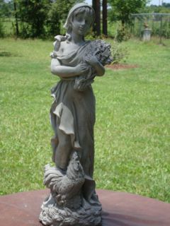  GIRL WHEAT MAIDEN with ROOSTER GRAY CEMENT CONCRETE LAWN GARDEN STATUE