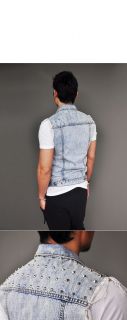 100% Cotton Denim Mens Badass Funky Vintage Slim Stud Cutoff Vest by